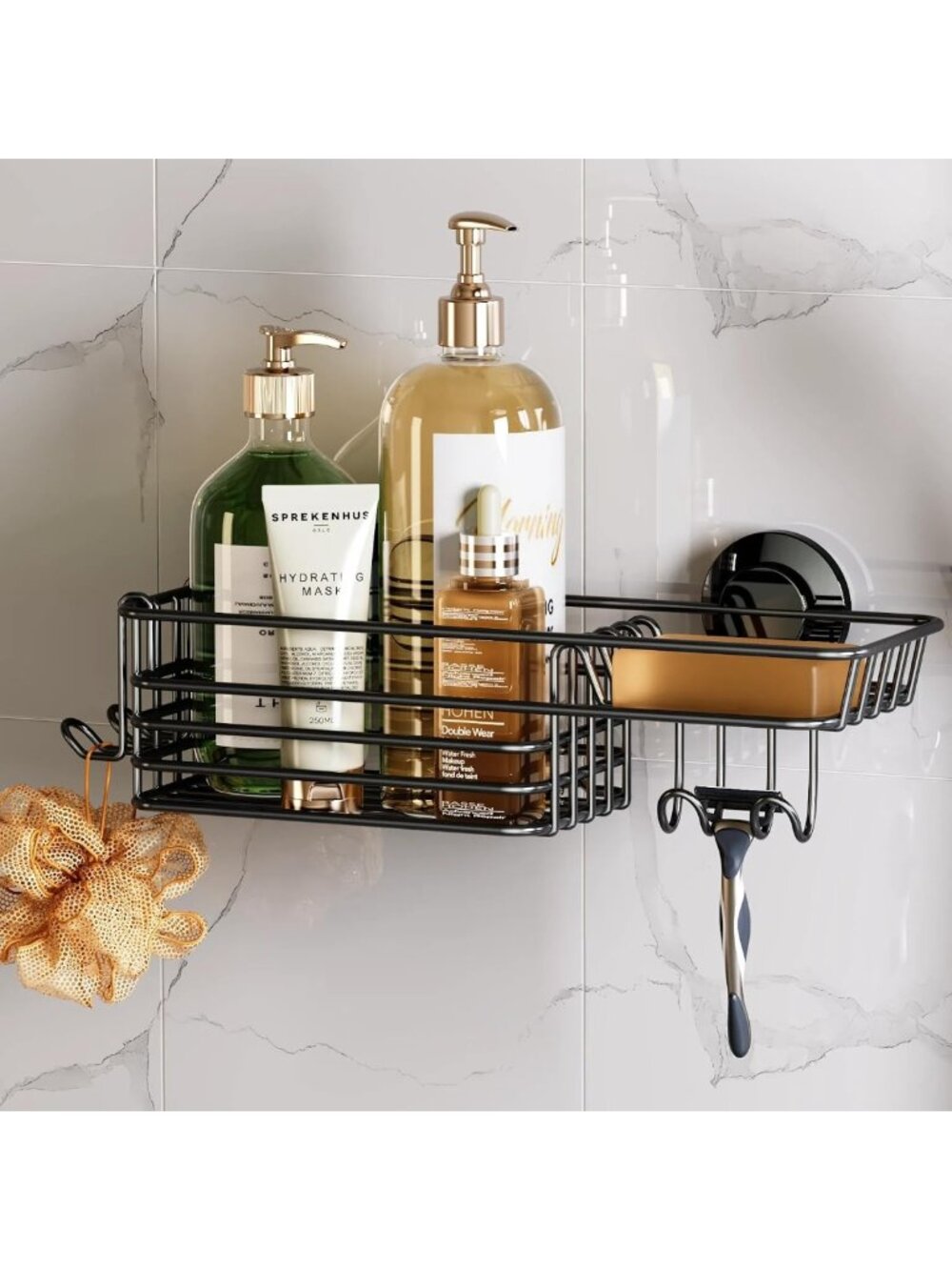 Shower Caddy Suction Cup with Hooks & Soap Holder - Black Bathroom Organizer